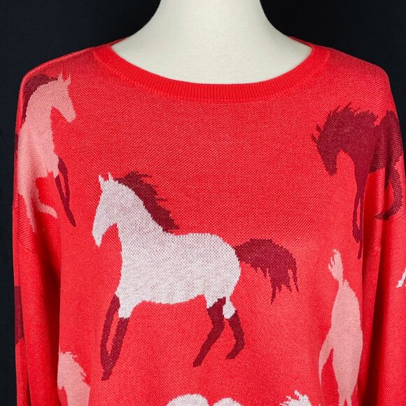LOFT Horse Sweater Sz M Western Equestrian Preppy Red Orange - Picture 2 of 7